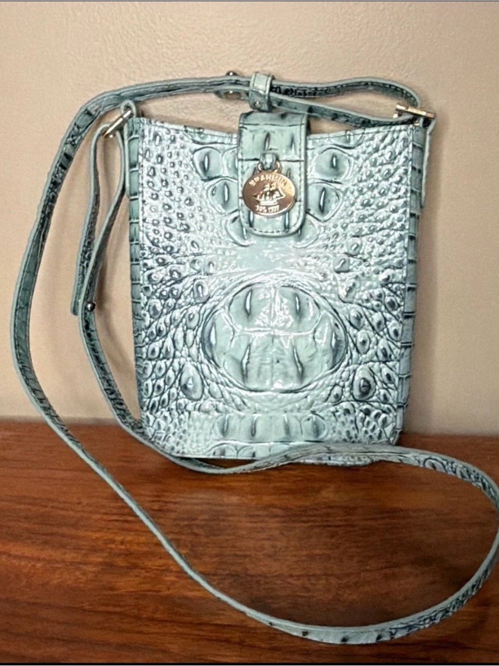Brahmin Teal Croc-Embossed Crossbody with Medallion